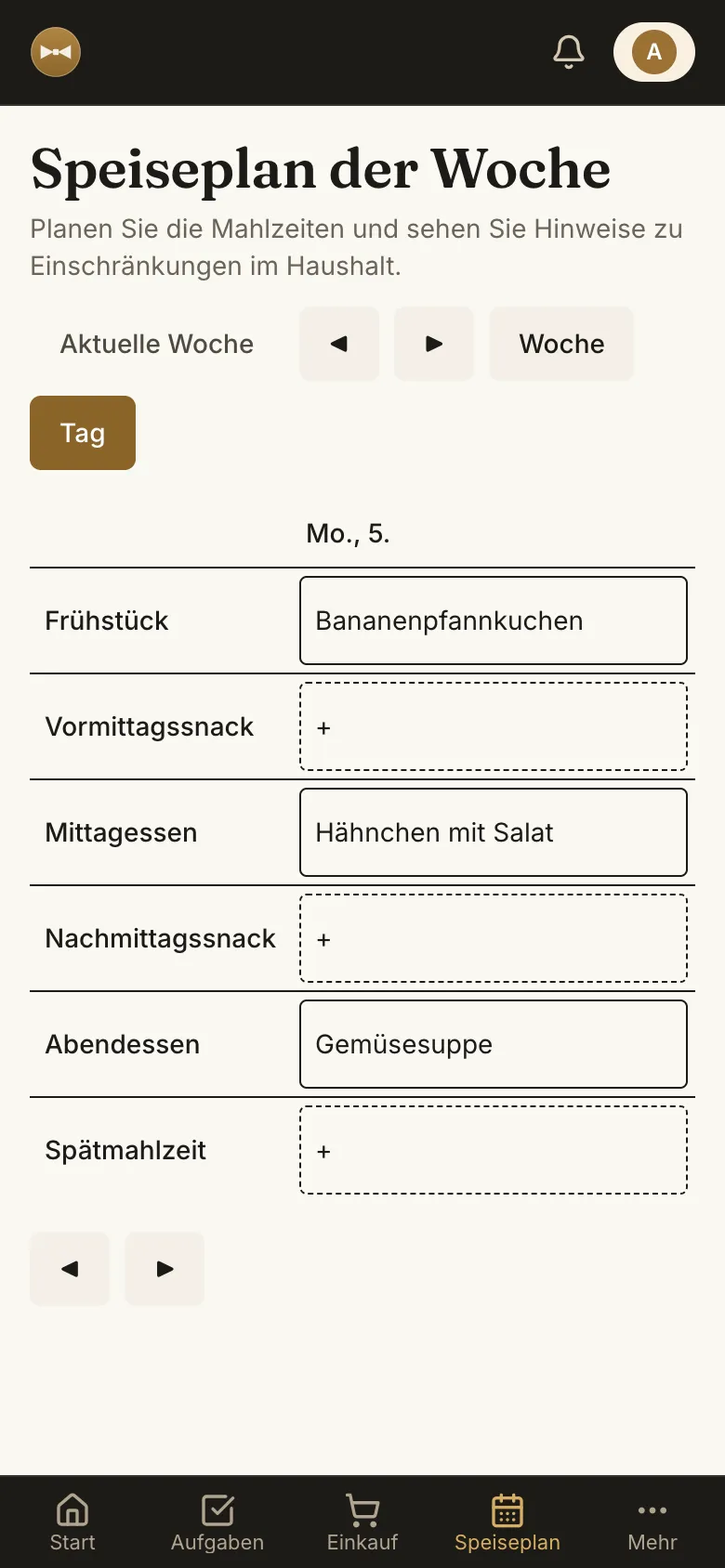 Speiseplan der Woche mit Frühstück, Mittag- und Abendessen