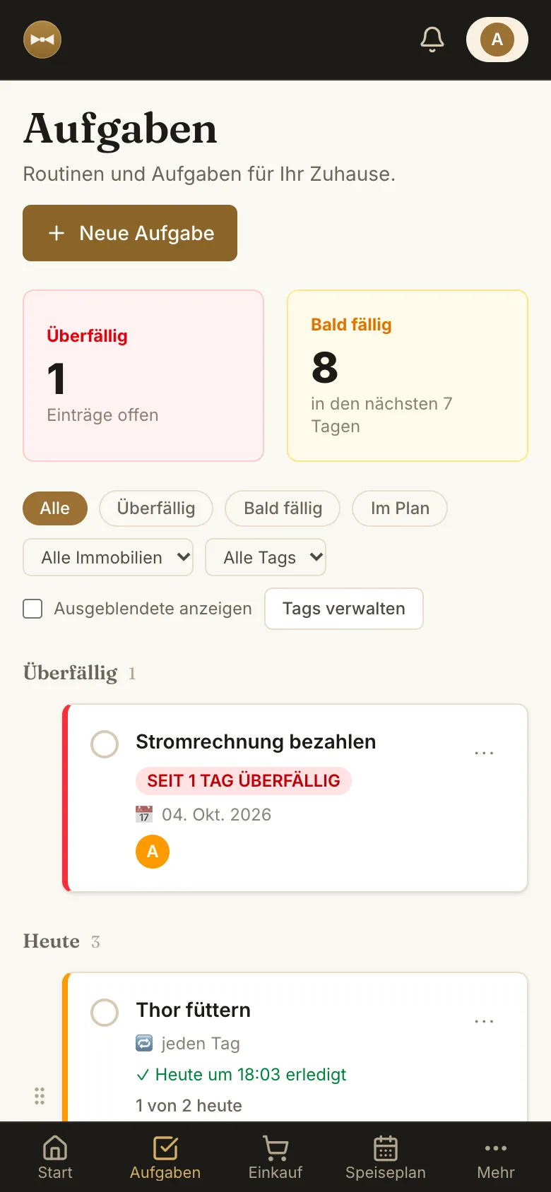 Aufgabenliste des Haushalts mit Zuständigen, Uhrzeiten und Fälligkeiten