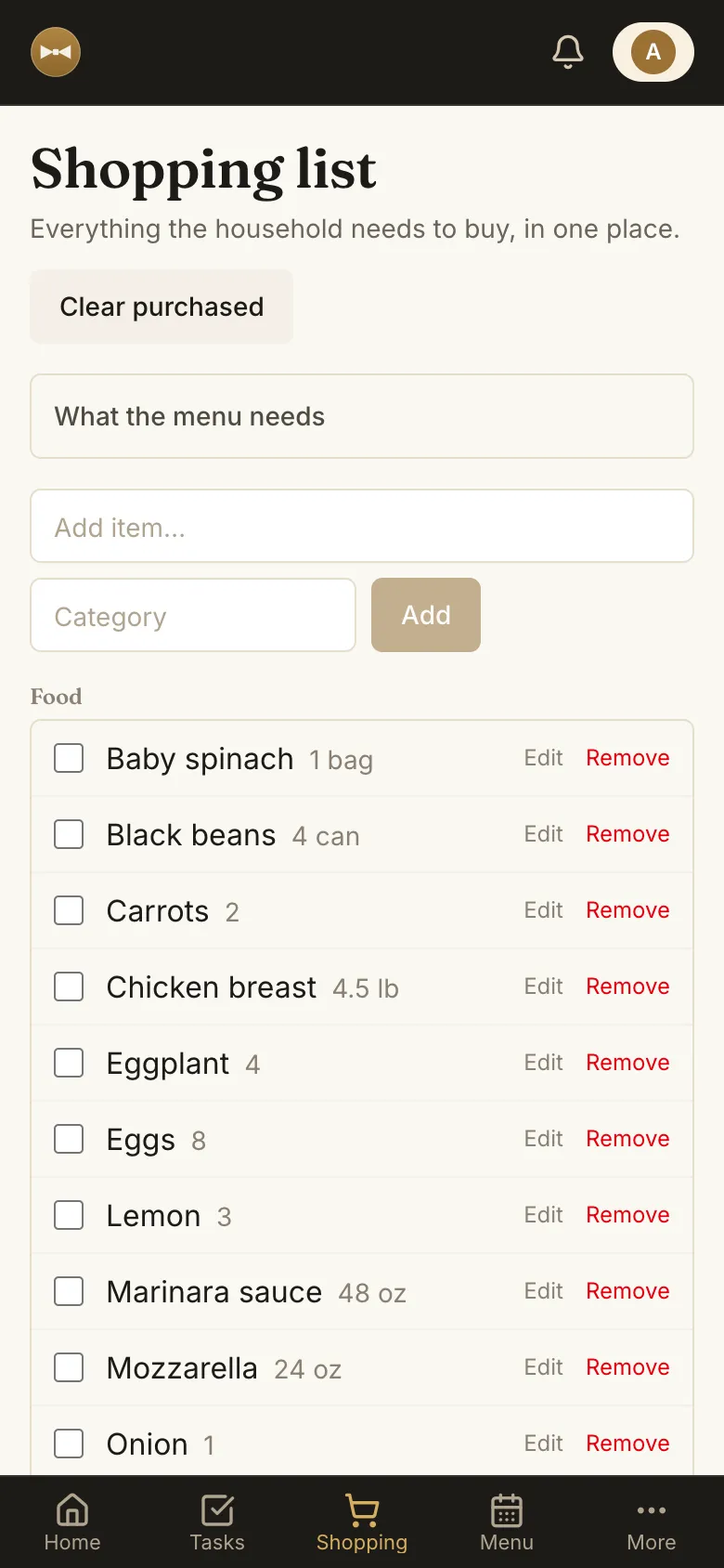 Grocery list built from the meal plan
