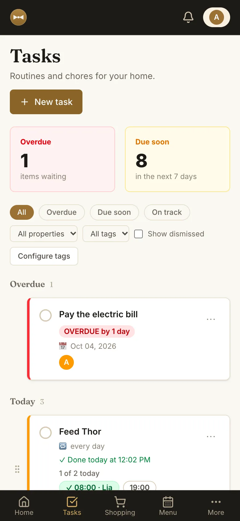 Household task list with assignees, times and due dates