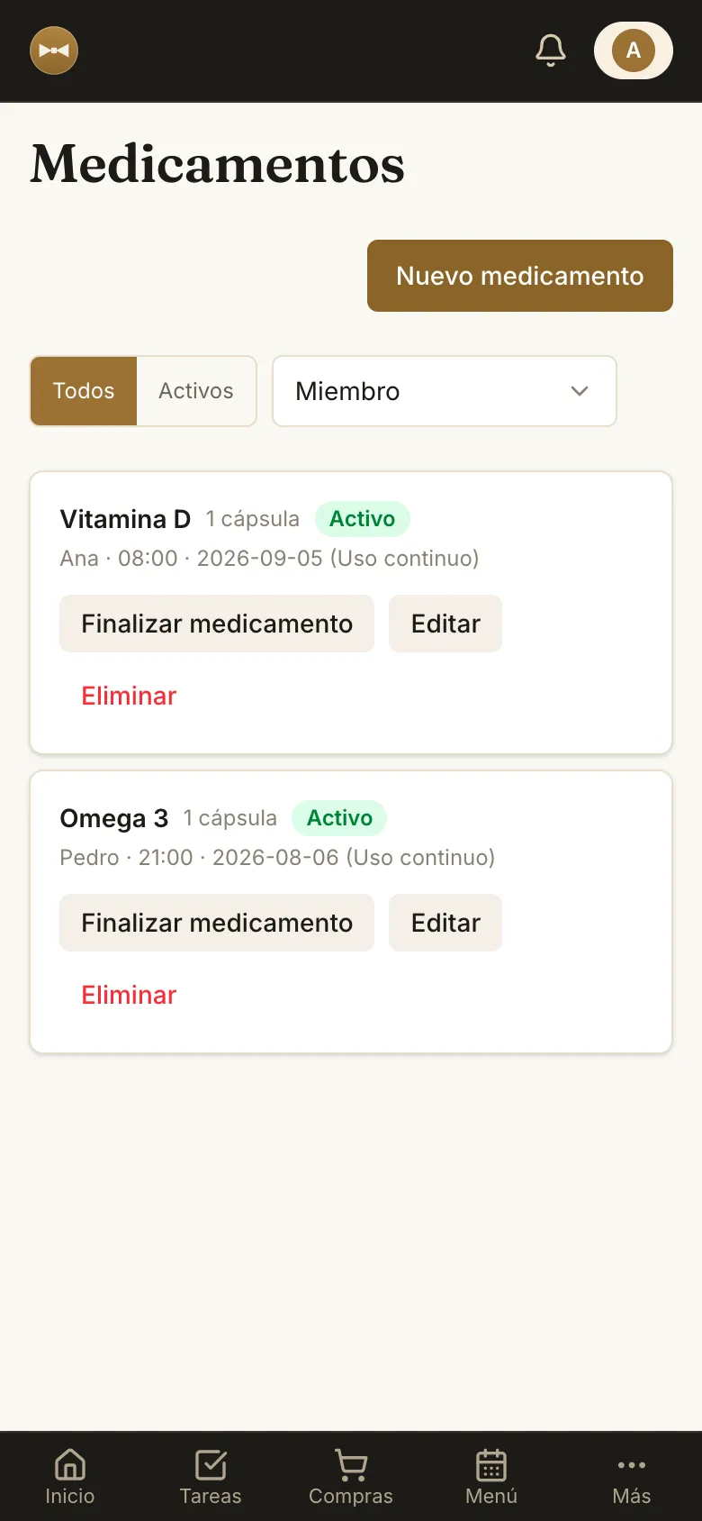 Medicamentos de la familia con dosis y horarios de los avisos