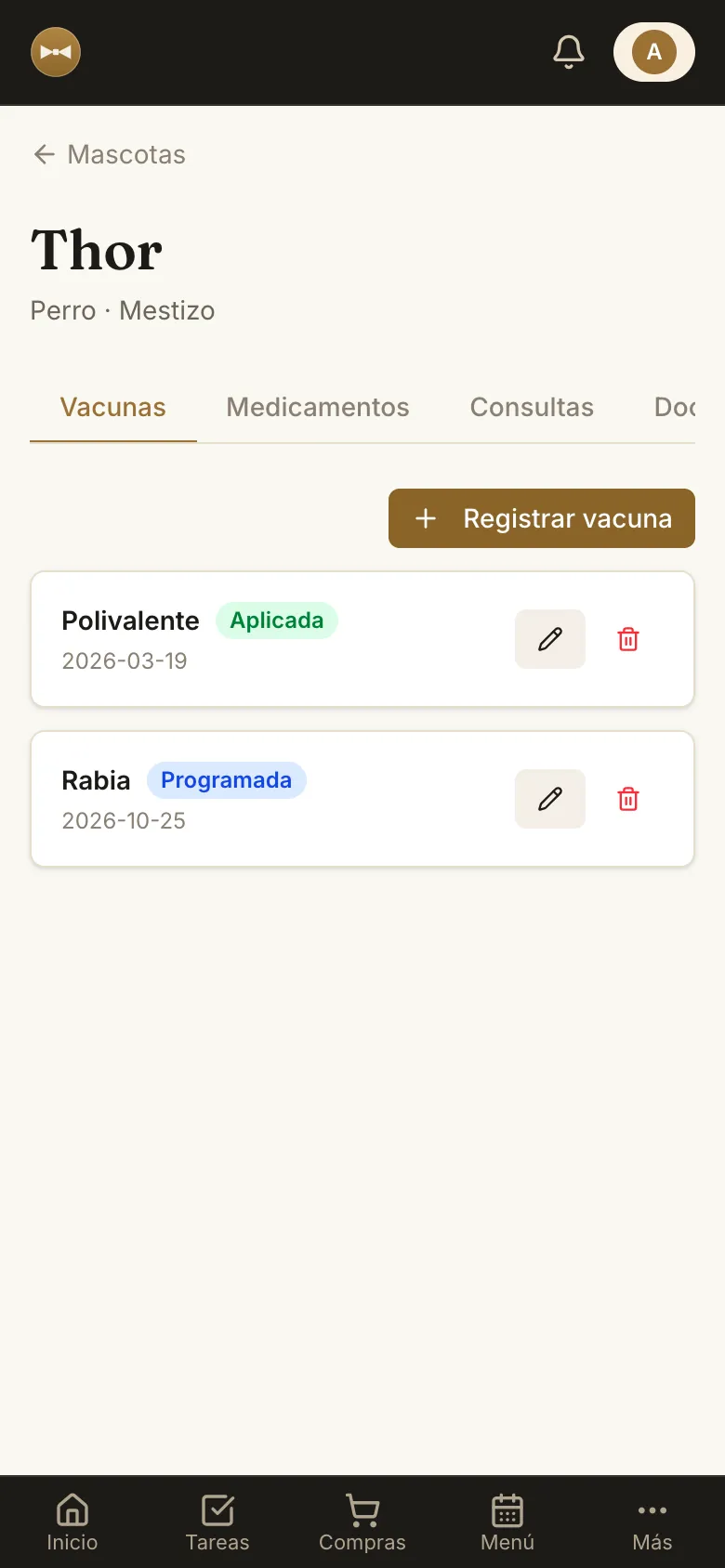 Ficha del perro Thor con vacunas, medicamentos y cuidados