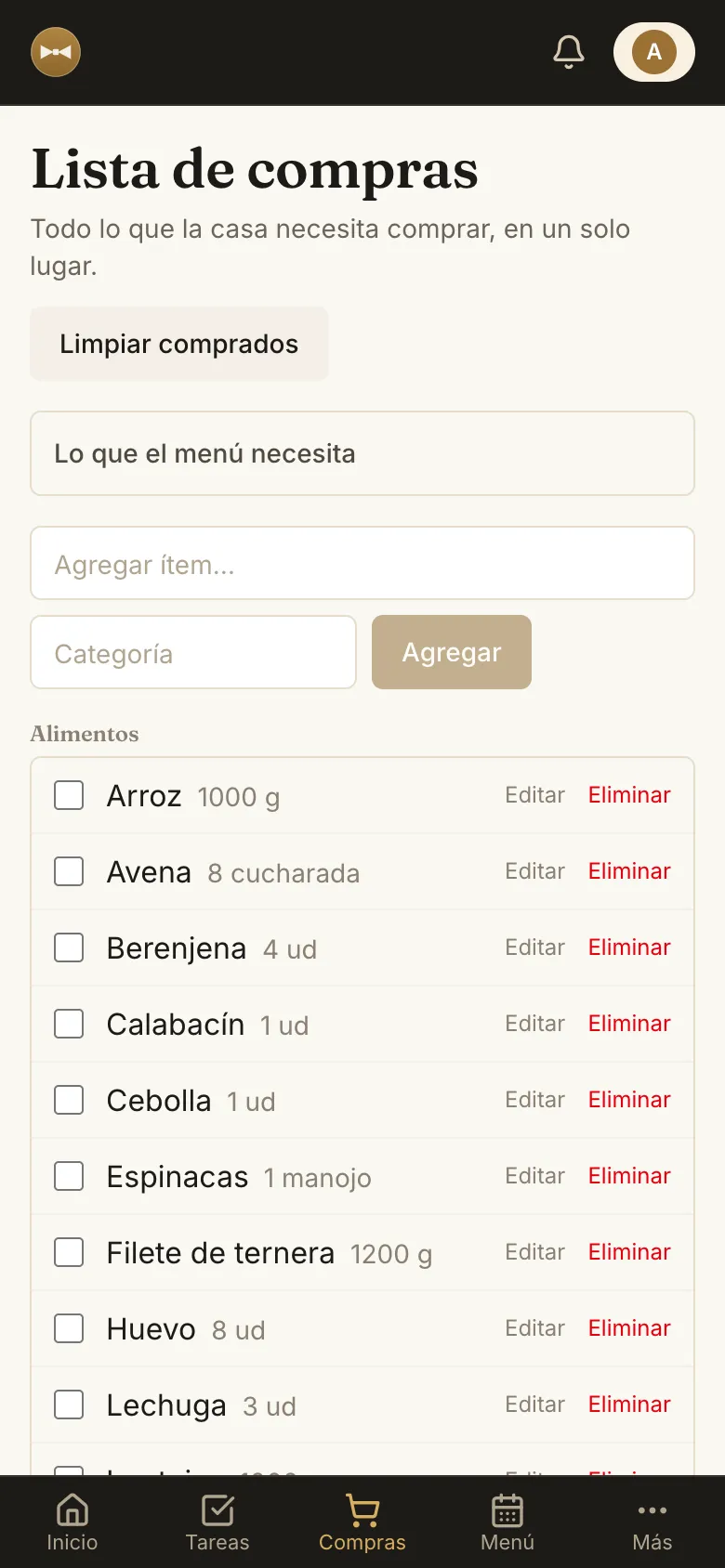 Lista de la compra generada a partir del menú