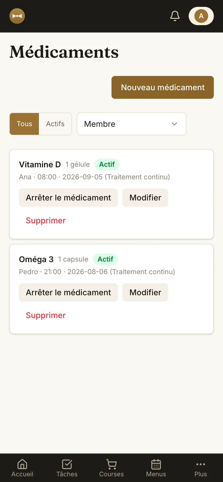 Médicaments de la famille avec doses et heures de rappel