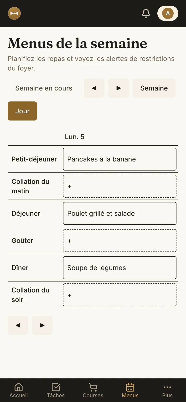 Menu de la semaine avec petit-déjeuner, déjeuner et dîner