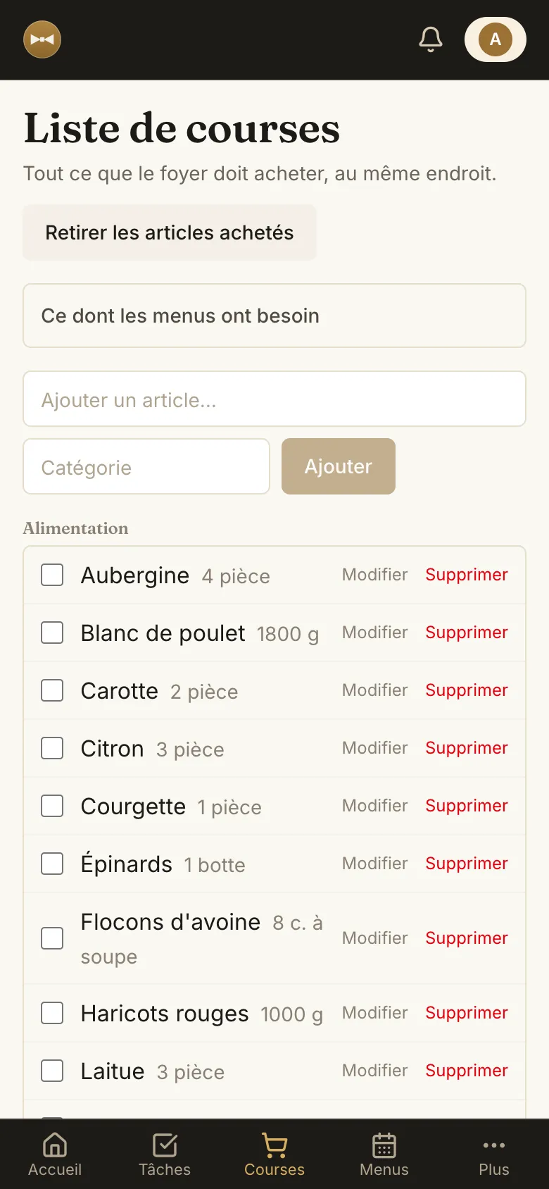 Liste de courses créée à partir du menu