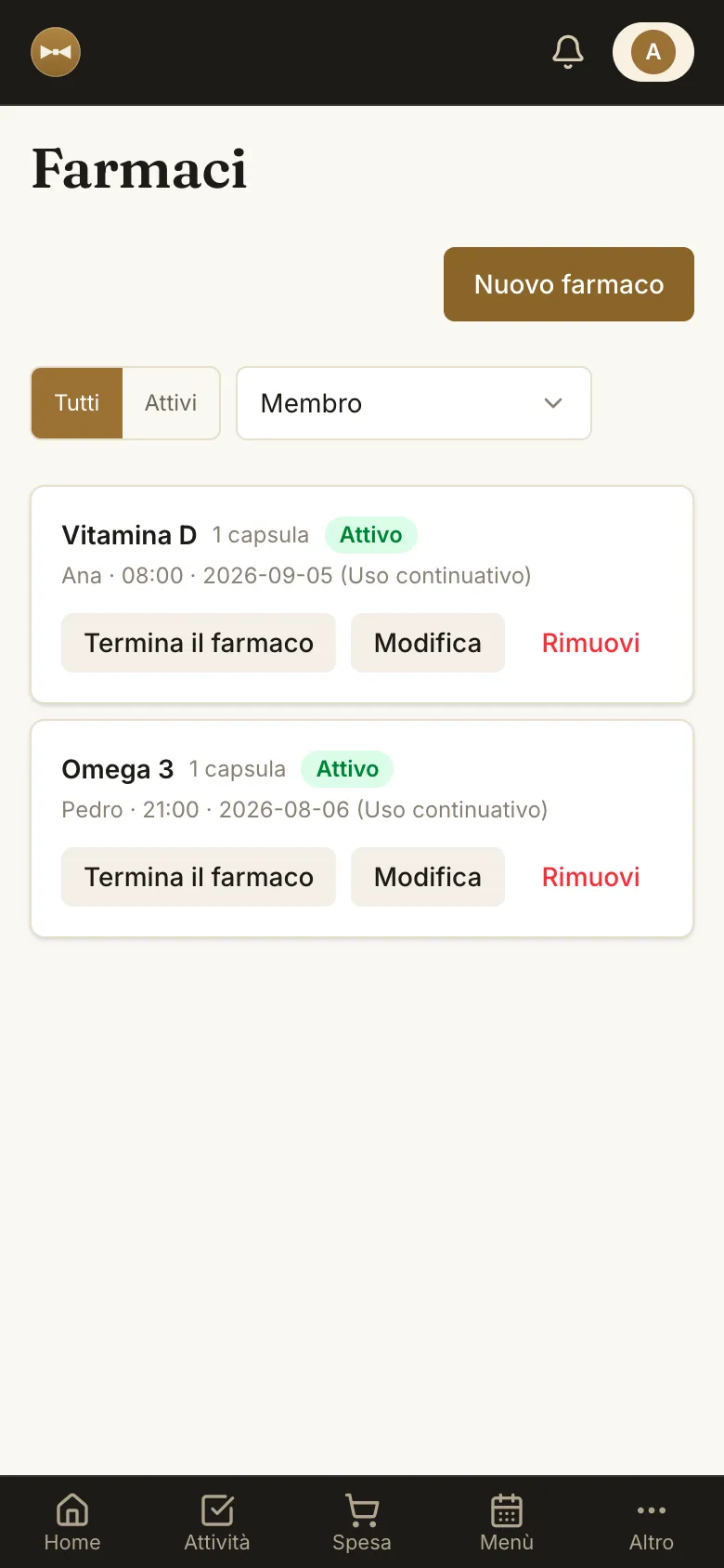 Farmaci della famiglia con dosi e orari dei promemoria