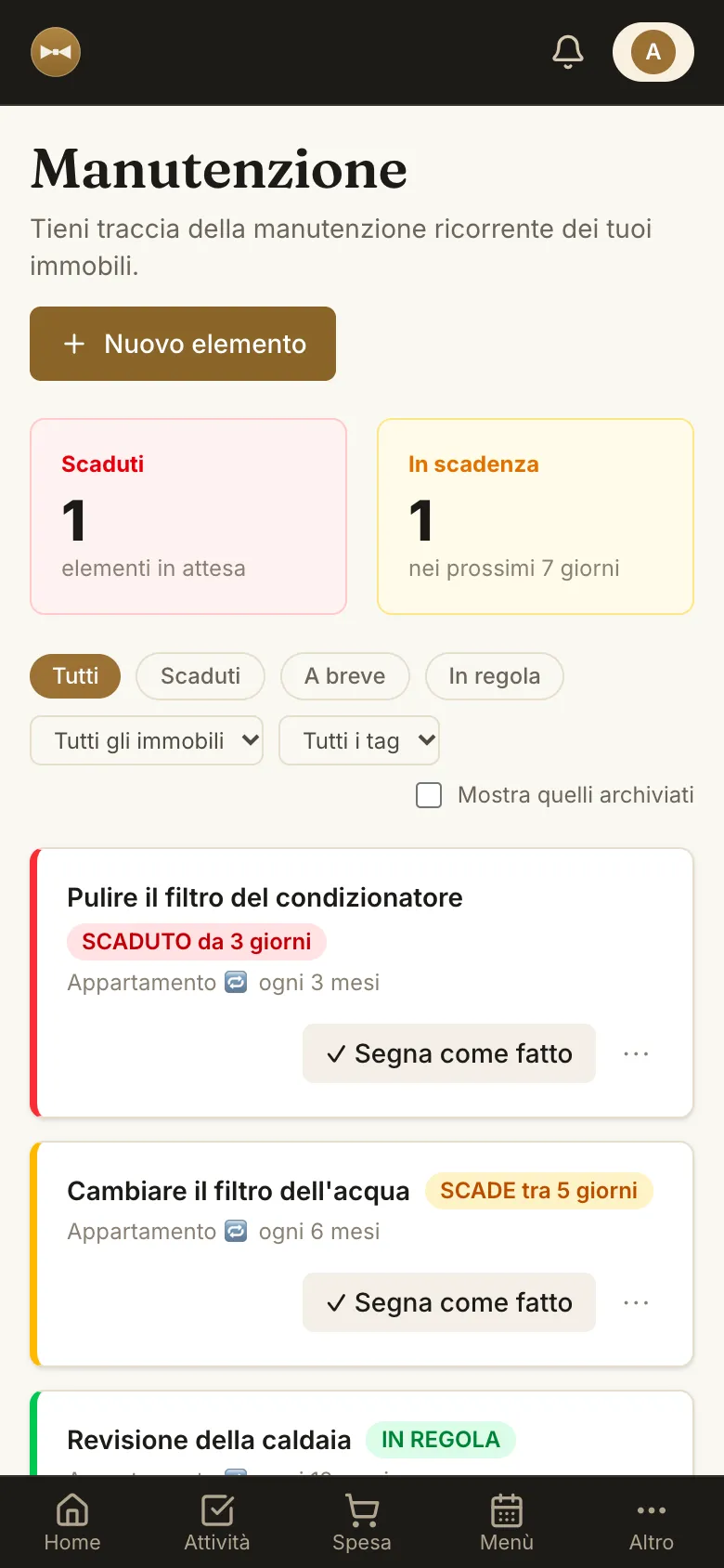 Manutenzione della casa con ciò che è scaduto e ciò che scade a breve