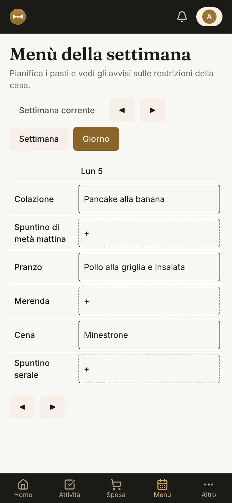 Menù della settimana con colazione, pranzo e cena