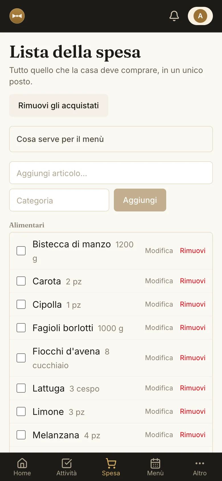 Lista della spesa creata dal menù