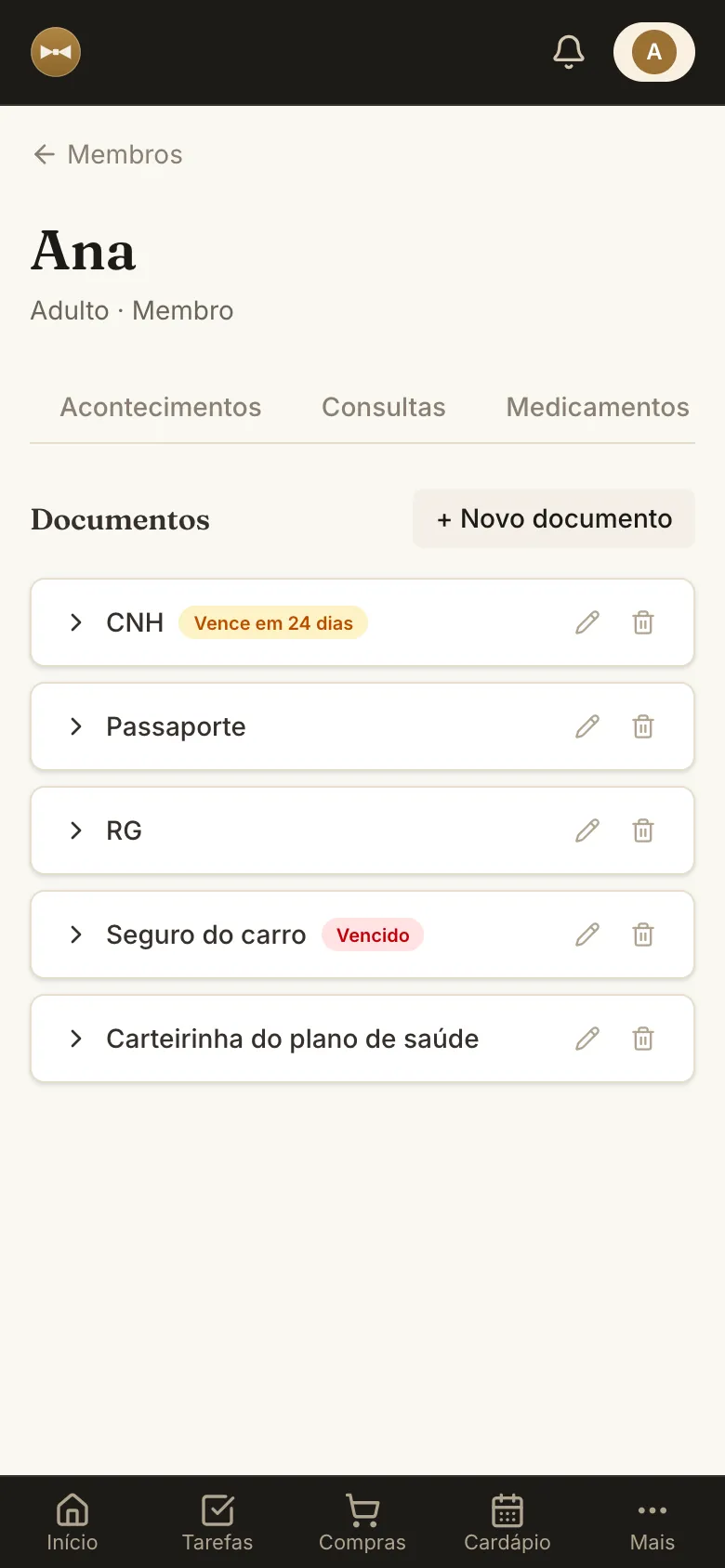 Documentos da família com aviso do que vence em breve e do que já venceu