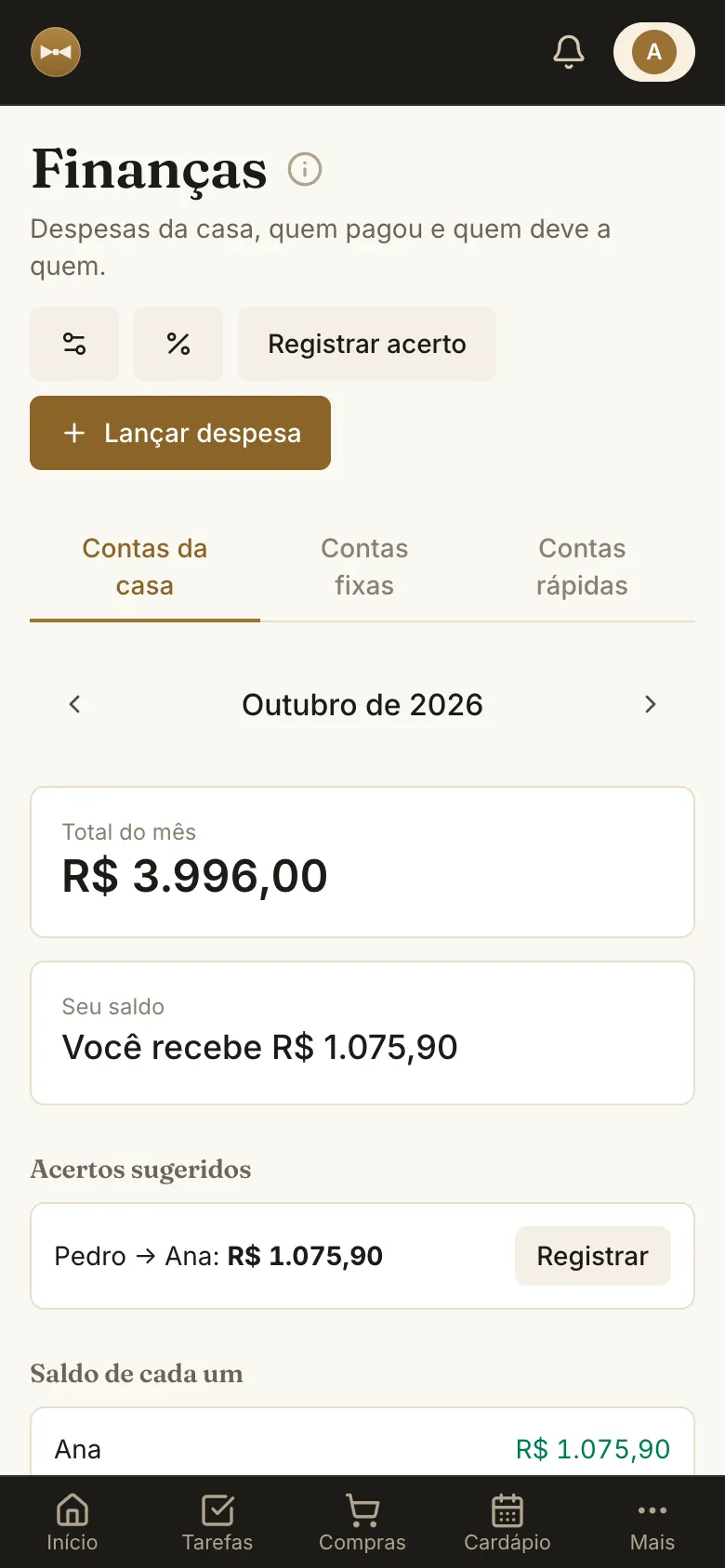 Contas da casa do mês com as despesas, quem pagou e o saldo entre as pessoas
