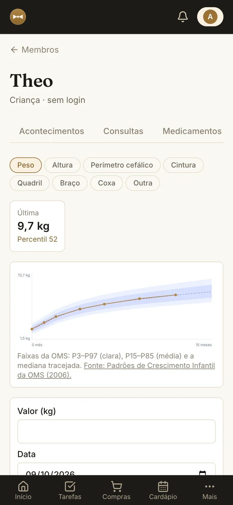 Peso do bebê no gráfico com a curva de crescimento da OMS e o percentil