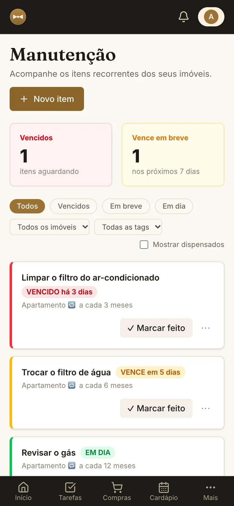 Manutenção da casa com o que está vencido e o que vence em breve