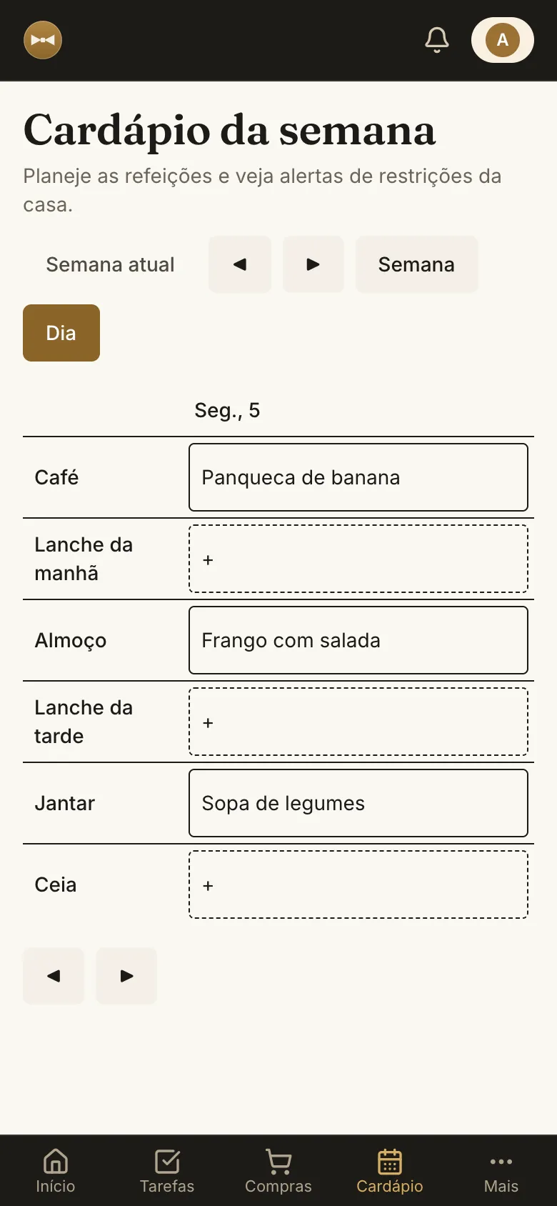 Cardápio da semana com café, almoço e jantar