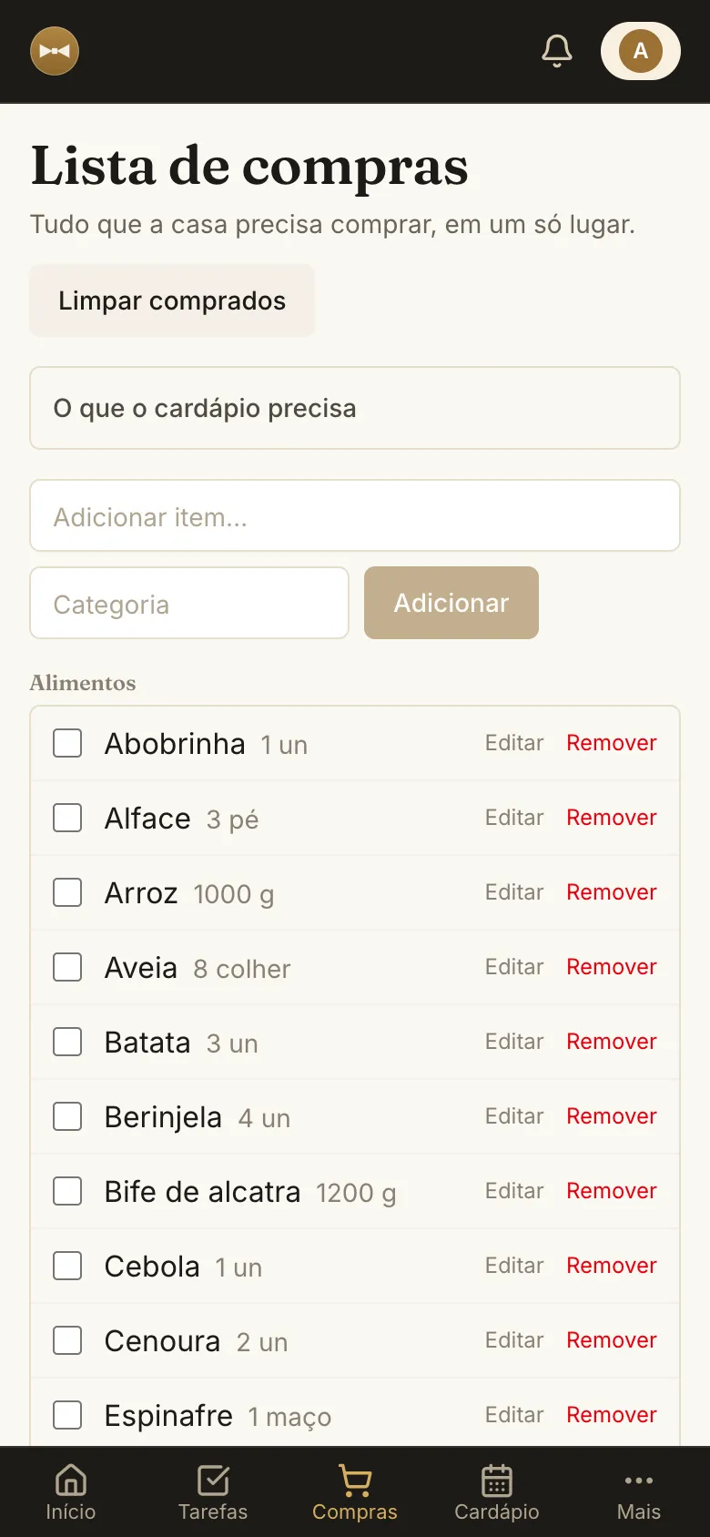 Lista de compras montada a partir do cardápio